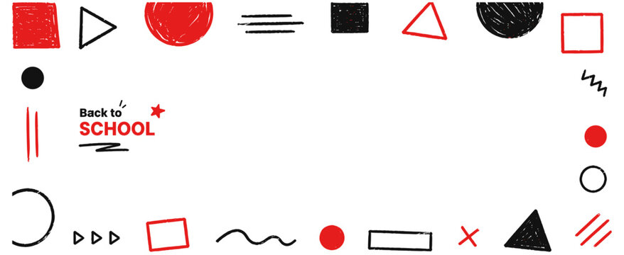 Playful kids geometric shape set with crayon circles, triangles, rectangles and rough hand drawn borders. Childish school doodles in a painted texture layout. Vector illustration