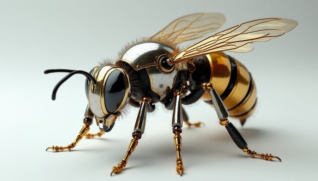 Metallic bee robot stands on white background. Sci-fi insect construction features gold armor plates, transparent wings. Modern drone machine mimics organic wasp biology. Tiny mechanical creature