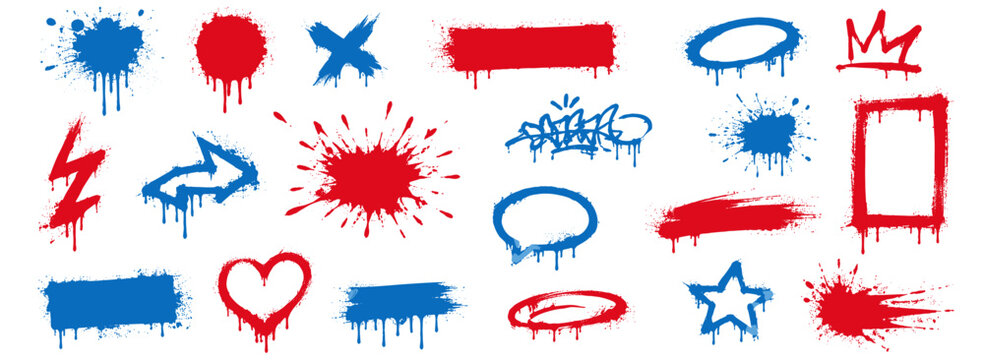 Graffiti spray paint texture set with red and blue stains, urban splatter shapes, distressed ink splotches and bold vector frames for gaming, posters and social media