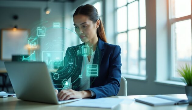 Pro accountant woman works on laptop with digital tax software interface in modern office. Female finance expert uses virtual screen analytics holographic projection for online accounting business