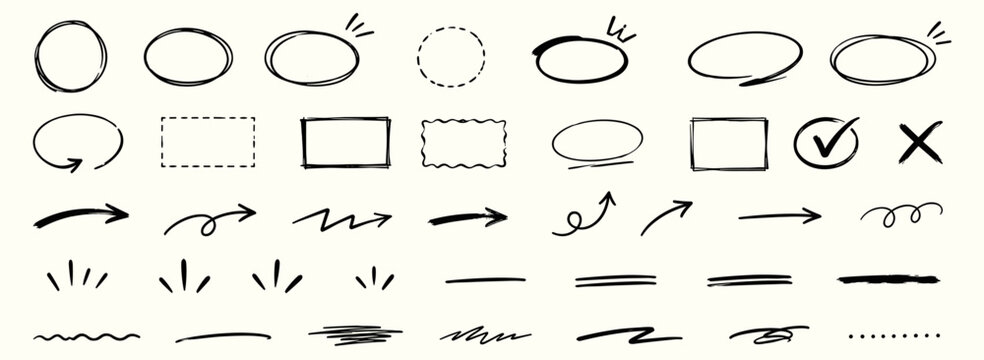 Rough hand drawn pen circles, underline scribbles and doodle arrows for encircling notes, marking text and adding dynamic highlight accents vector illustration