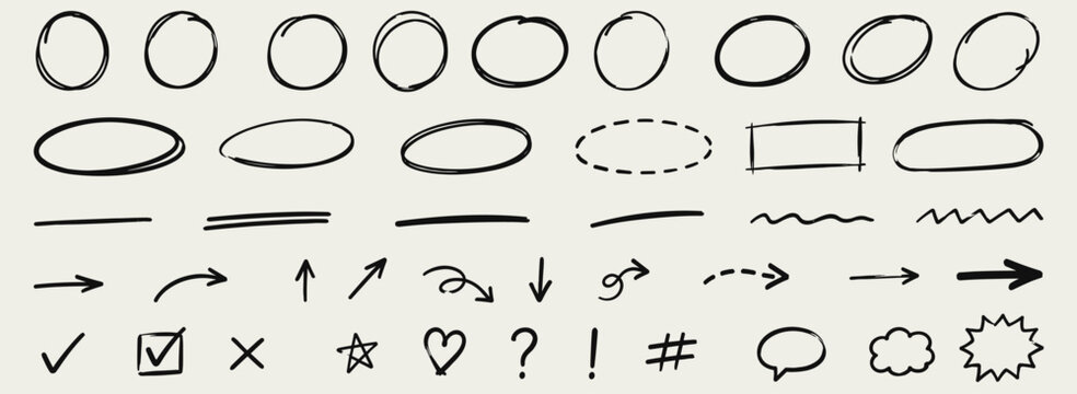 Scribble circle frames, pen underline strokes and hand drawn doodle arrows with rough oval lines for highlighting notes, words and important text vector illustration