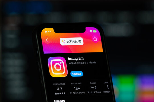 Menlo Park, United States - 18 July 2026: Instagram app page on Google Play Store on a smartphone screen.