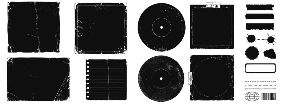 Retro paper texture cover collection with aged album and photo backdrops, black vinyl record and CD overlays, weathered frame edges, distressed grain, folds and worn grunge effects.