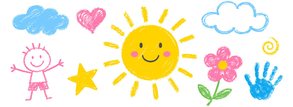 Yellow sun icon drawn with wax crayons and pastel pencil, cheerful kid style summer weather symbol with rough chalk texture, hand drawn sunny doodle vector illustration