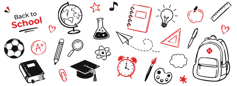 Cute back to school doodle collection with black charcoal icons on notebook sheet, childish education symbols, classroom objects and rough wax crayon line texture. Vector illustration