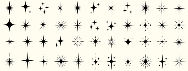 Cosmic sparkle star symbols with twinkle glints, glowing burst icons, minimalist celestial shapes, Y2K glitter effects, boho light flashes and magic stars vector illustration © aura studio