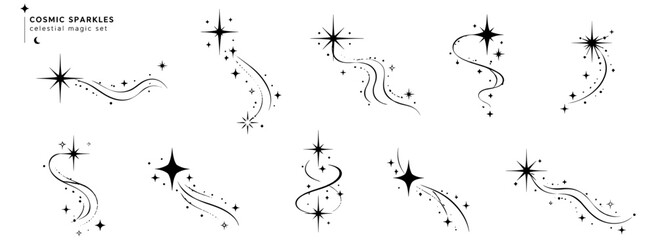 Celestial sparkle stars with wavy magic trails, swirly twinkle effects, starbursts, cosmic glitter, minimalist tattoo shapes and elegant swirls vector illustration © aura studio