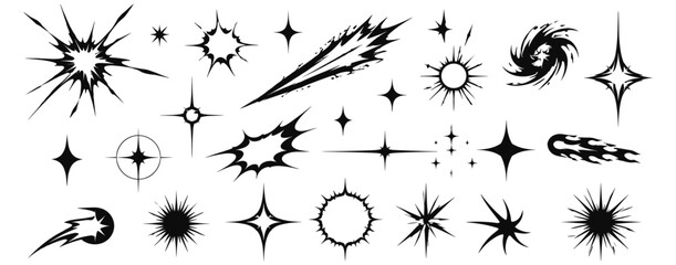 Acid flare starburst shapes with radial explosion flashes, deformed stars, comet tails, cosmic glitter, sun glare and cybersigilism sparkle elements vector illustration © aura studio
