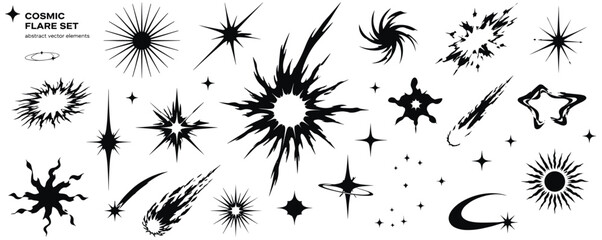 Abstract acid flare and deformed star shapes, radial explosion flash, cosmic sparkle burst, comet tail, sun glare and cybersigilism starburst vector illustration © aura studio