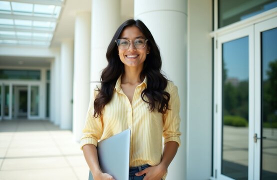 Young happy woman wearing glasses holds silver laptop near modern office building glass entrance. Pretty lady stands outside pro corporate exterior area. Confident smiling female entrepreneur starts