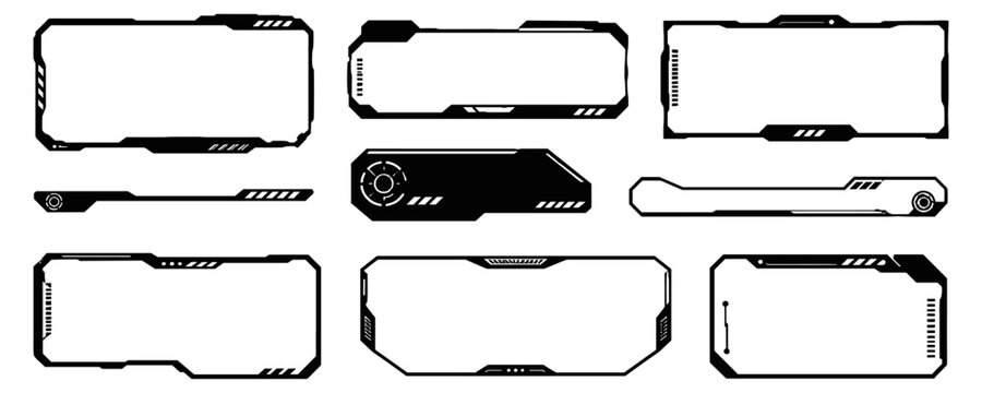 Black futuristic frames with sci-fi dashboard panels, blank cyberpunk interface screens, digital tech borders and retro UI decal shapes vector illustration