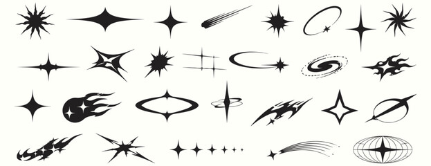 Abstract acid flare and deformed star shapes with sun glare, comet tails, cosmic sparkles and retro futuristic cybersigilism vector illustration set © aura studio