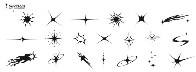 Acid flare star shapes with sun glare, sunbeam, comet tails and cosmic sparkles, retro futuristic cybersigilism glint elements for streetwear vector illustration © aura studio