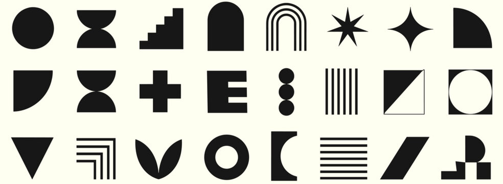 Bauhaus inspired black brutalist elements with Swiss geometric forms, abstract symbols, arches, stars and bold retro shapes, minimalist modern vector design set