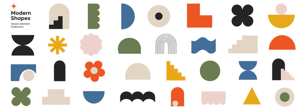 Abstract Bauhaus shape collection with minimalist geometric forms, brutalist stars, flowers, circles and bold modern decorative graphic elements vector illustration