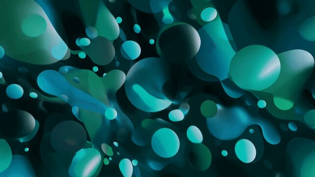 Luminous green bubbles in dark setting. Artificial intelligence image
