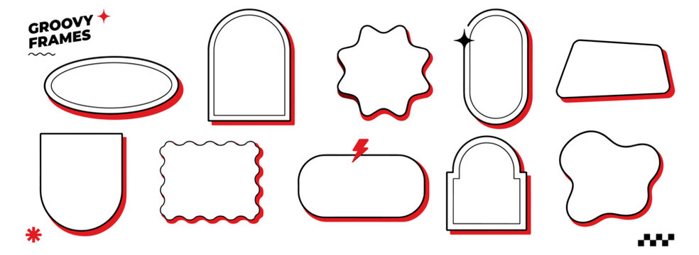 Playful geometric frame set with retro groovy oval and arch borders, bold comic outlines, cartoon drop shadows, funky linear shapes and modern decorative vector illustration