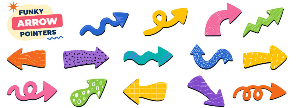 Colorful funky cartoon arrow set with playful pointers, groovy wavy shapes, abstract patterns, hand drawn textures and dynamic comic navigation signs vector illustration