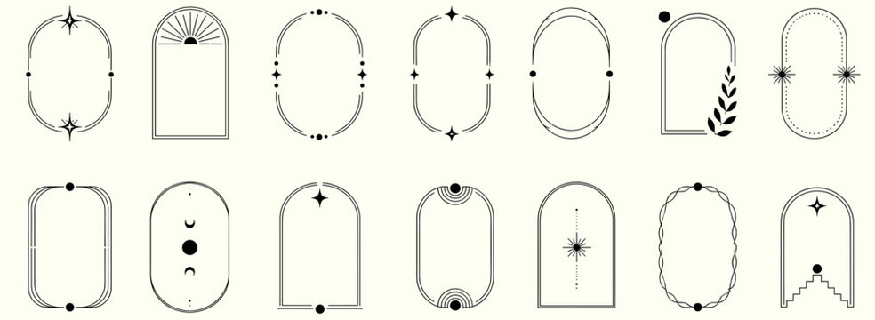 Minimalist linear frame set with modern oval and arch borders, abstract boho geometric shapes, trendy retro outlines and elegant decorative vector illustration