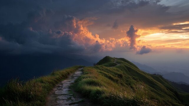 Rocky path on sunlit hill at sunset. Artificial intelligence image