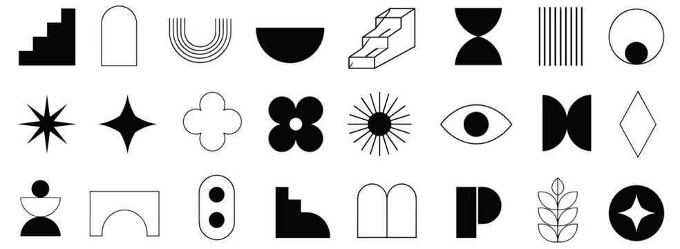 Geometric linear element set with abstract Bauhaus and brutalist shapes, minimalist stars, flowers, circles and modern outline forms in a trendy vector illustration