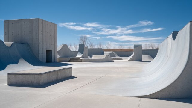 Skate park under clear blue sky. Artificial intelligence image