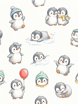 set of penguins cute illustration 