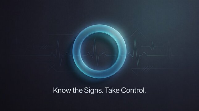 A glowing blue ring centered on a dark background featuring subtle heartbeat monitor lines and the motivational text know the signs take control in a clean font style
