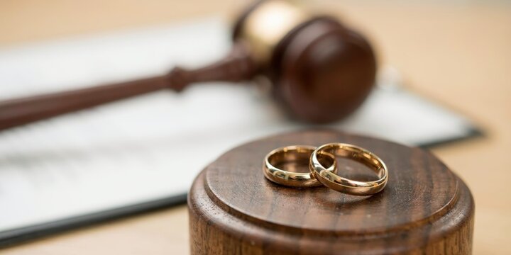 Two wedding rings on a wooden block next to a gavel, symbolizing divorce and legal separation.