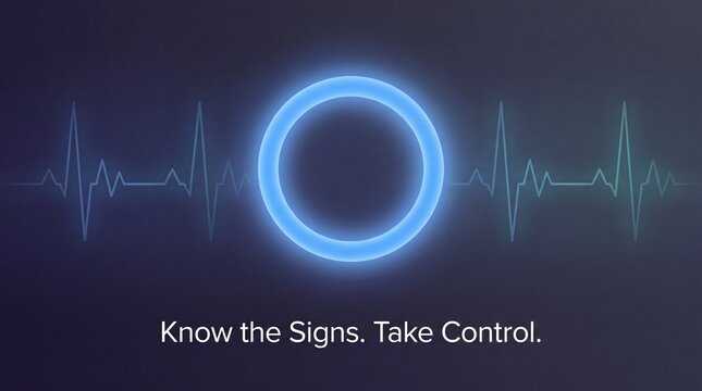 A glowing blue ring centered on a dark background accompanied by a rhythmic heartbeat monitor line and the inspirational text prompt know the signs take control