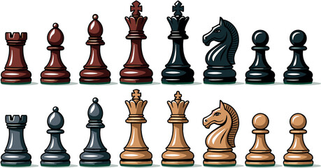 Chess Pieces Vector Illustration Set, King, Queen, Bishop, Knight, Rook and Pawn in Black White and Brown, Board Game Flat Design © MdMoymul