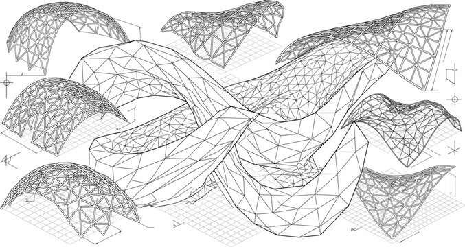 Abstract Parametric Wireframe Architecture with Geometric Mesh Surface and Generative Design Illustration