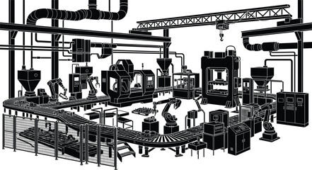 Fototapeta premium Automated smart factory interior with robotic arms and conveyor belts black silhouette vector illustration