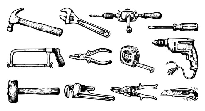 power tools vector, drill hammer saw, black white tool icons, adjustable wrench pliers, tape measure utility knife, workshop equipment illustration, construction tools collection, handyman tool pack, 