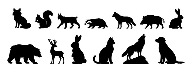 Obraz premium Collection of woodland animal silhouettes including rabbit squirrel fox boar bear deer dog cat and other forest creatures arranged in two rows for creative projects. Vector illustration.