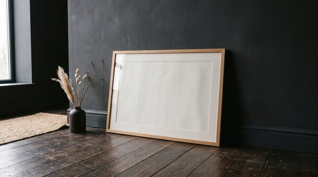 A large blank picture frame with a light wood border leans against a dark gray wall next to a vase with dried plants on a dark wooden floor beside a window with a beige rug.