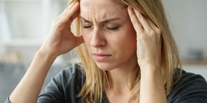Young woman with blonde hair holding her temples and closing her eyes in pain.