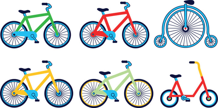 Colorful Bicycle Vector Illustration Set, Vintage Penny Farthing, Folding Bike and Classic Cycles, Transportation Icons Flat Design