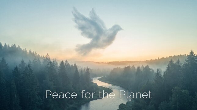 Serene dawn landscape featuring a symbolic dove shaped cloud floating above a misty river winding through a dense coniferous forest under a soft pastel morning sky