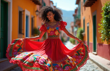 Obraz premium Woman dances with flowing red dress vibrant with floral embroidery. She twirls joyfully on cobblestone street lined by colorful buildings. Her expressive movement celebrates Mexican heritage.
