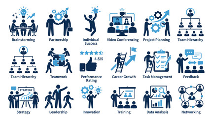 Fototapeta premium Business management and corporate teamwork icon set in blue.