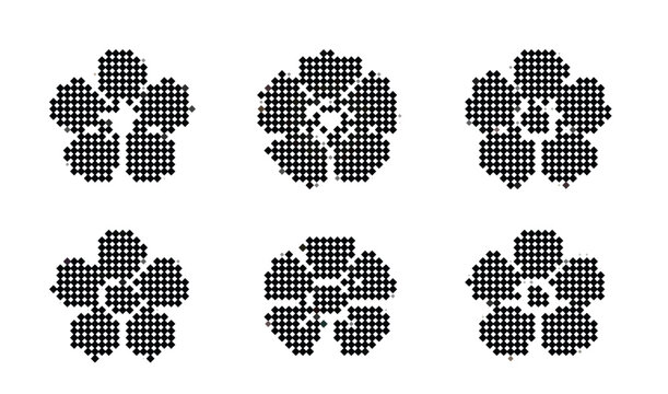 Set of abstract flower symbols composed of square pixels.