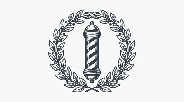 Vintage barber pole emblem with a classic striped design encircled by an elegant laurel wreath, representing traditional grooming services.