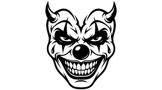 Creepy evil clown face with horns and sinister grin illustration.