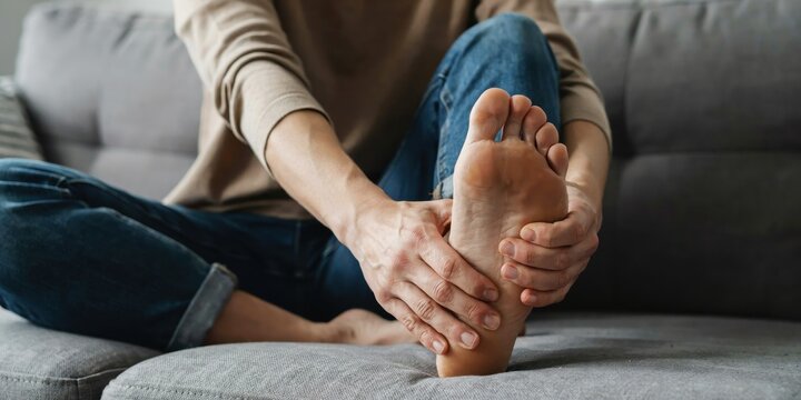 Person holding painful foot sole sitting on sofa, experiencing discomfort or injury.