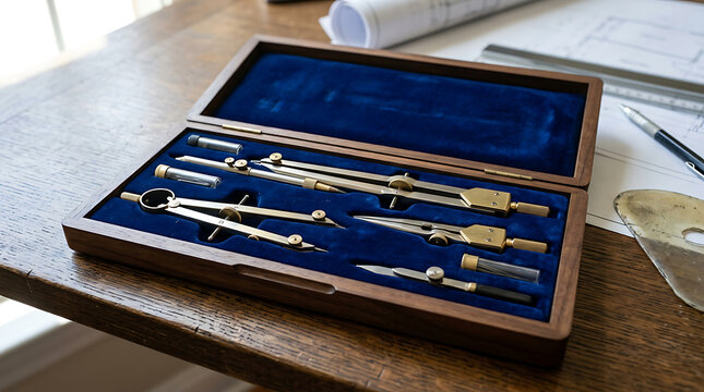 A set of drafting tools lies open in a wooden case on a desk in a library.