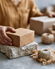 Hands gently hold a wrapped box. Stone base adds rustic, grounded texture. Natural twine rests nearby, loose and untied. Soft tones and muted focus evoke calm. Perfect for packaging, eco-design
