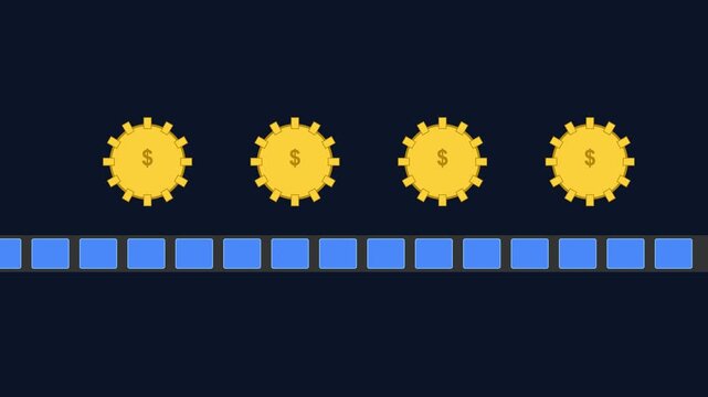 Animated gold dollar coins moving on conveyor belt for financial growth and business success concept animation 4k