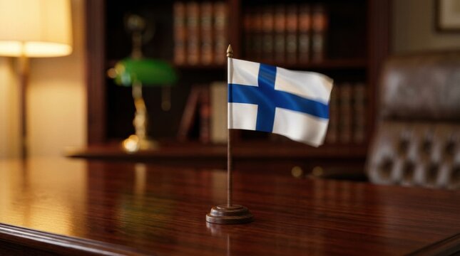Finnish flag on an elegant wooden desk in a classic office environment